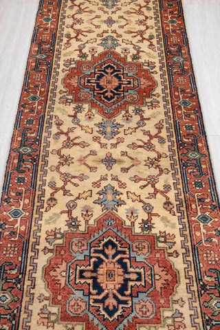 2.6x10 Foot Beige Red Antique Look Serapi Persian Reproduction Runner Rug Hand Knotted Wool Soft, Thick and Plush Feel #G-11478