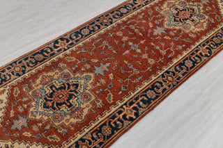 2.6x8 Foot Red Navy Antique Look Serapi Persian Reproduction Runner Rug Hand Knotted Wool Soft, Thick and Plush Feel #G-11474