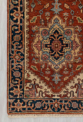 2.6x8 Foot Red Navy Antique Look Serapi Persian Reproduction Runner Rug Hand Knotted Wool Soft, Thick and Plush Feel #G-11474
