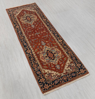 2.6x8 Foot Red Navy Antique Look Serapi Persian Reproduction Runner Rug Hand Knotted Wool Soft, Thick and Plush Feel #G-11474