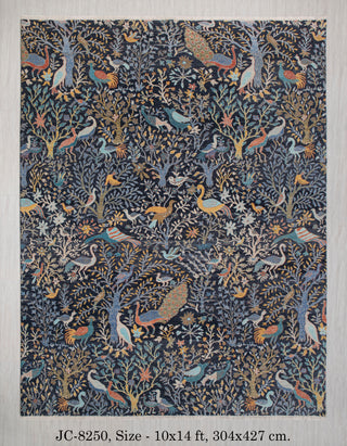 10x14 Navy Blue Peacock High Quality Birds Garden Scene Soft Hand Knotted Hand Spun Wool Rug JC-8250