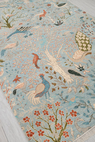 6x9 Light Blue Colorful Birds Garden Fine Quality Soft Hand Knotted Wool Rug JC-6372